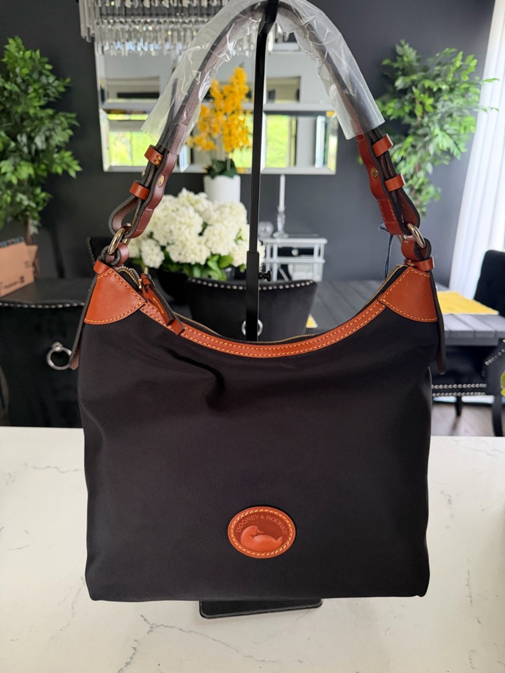 Dooney & Bourke Black Nylon Shoulder Bag with Brown Leather Trim